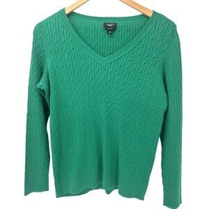 Talbots Sweater Womens X Green Cable Knit V-Neck Classic Pullover